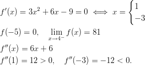                                     {  f '(x) = 3x2 + 6x − 9 =  0 ⇐ ⇒  x =    1                                       − 3  f (− 5) = 0,  lxi→m4− f(x) = 81   '' f  (x ) = 6x + 6 f ''(1 ) = 12 > 0,  f''(− 3) = − 12 < 0.       