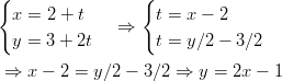 {                 {   x = 2 + t    ⇒    t = x − 2   y = 3 + 2t        t = y ∕2 − 3∕2   ⇒  x − 2 = y∕2 − 3∕2 ⇒  y = 2x − 1       