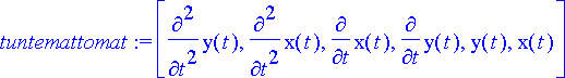 tuntemattomat := [diff(y(t),`$`(t,2)), diff(x(t),`$...